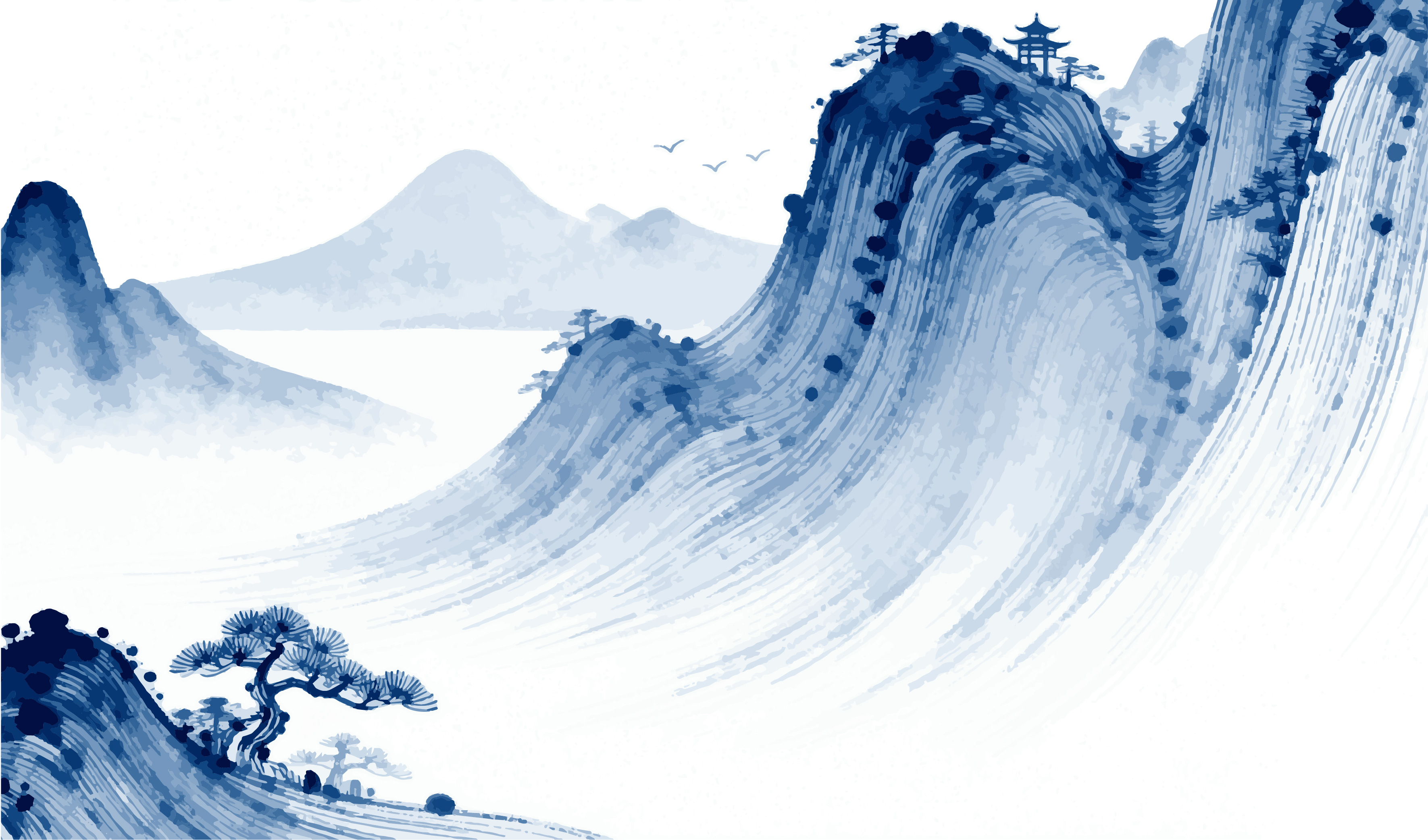 文创-插画 绘画 中国风 国画 青花水墨 写意山水 水墨风格山峦美景